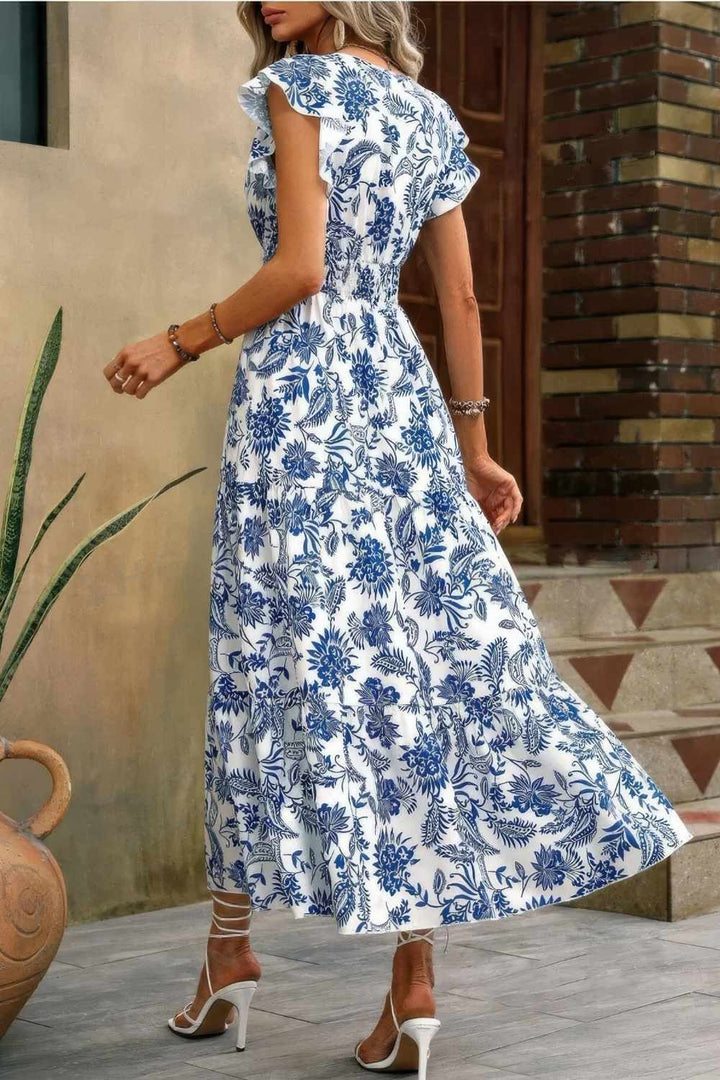 Robe Bohème Blanche à Fleurs Bleues - Lina-Mae