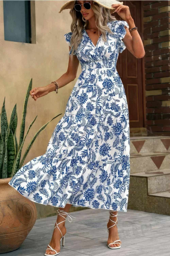 Robe Bohème Blanche à Fleurs Bleues - Lina-Mae
